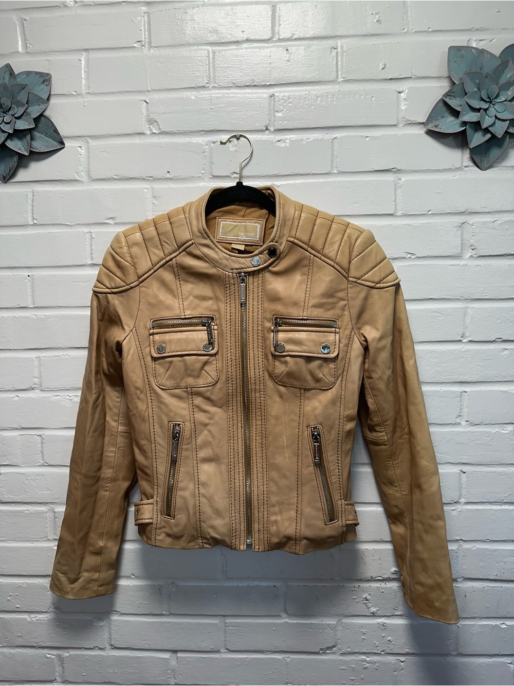 Michael Kors Light Tan Leather Moto Jacket